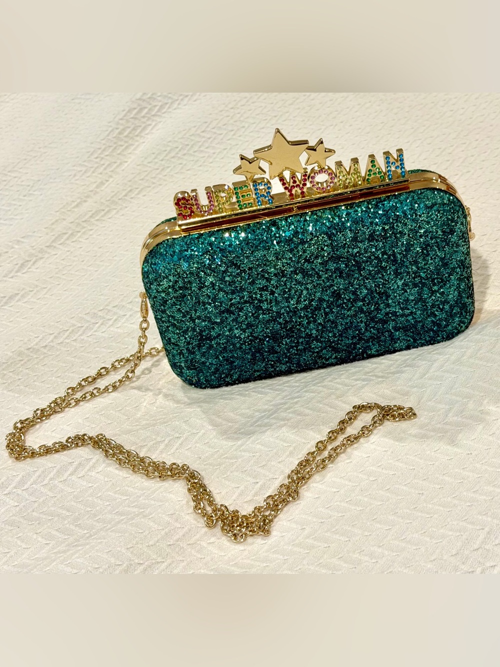 ALDO Glitter 'Super Woman' Teal Clutch with Gold Chain